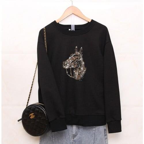 Autumn Fashion Black Loose Sweatshirts female personality Hot diamonds Horse face Pattern Casual Round neck women tops pullovers