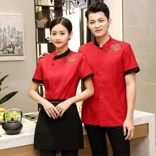 Hotel Waiter Workwear Mens Womens Short Sleeves Chinese Restaurant Waitress Uniform Dining Hot Pot Shop Plus Size Coat H2152