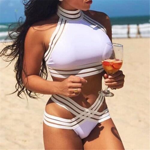 Sexy Cross Bandage Swimsuit Women Bikini Set Push-up Padded Bra Backless High Neck Swimwear Bathing Suit