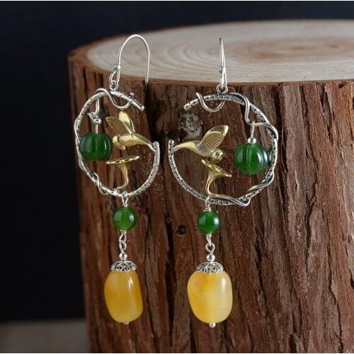 S925 silver earrings retro process silver ornaments inlaid amber female bird fashion silver earrings