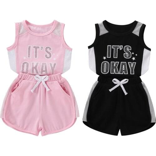 Infant Kids Girl 2Pcs Sports Style Clothes Suit Sleeveless Letter Print Mesh Patchwork Vest Tops with Elastic Shorts Active 1-6Y