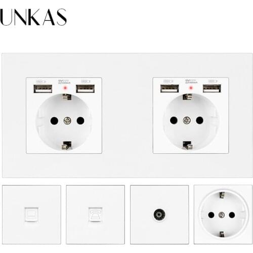 UNKAS EU / French Socket Dual USB Port + Female TV RJ45 Internet RJ11 Telephone Jack 172*86mm Hidden Soft LED PC Plastic Panel