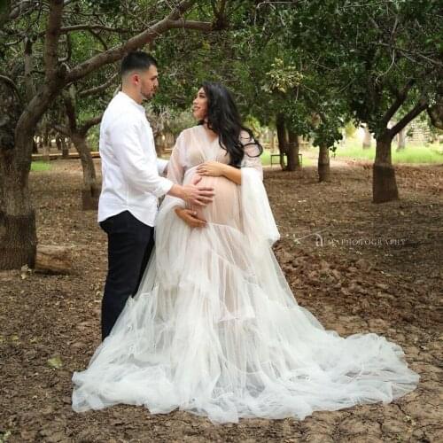 High Quality White Tulle A-line Ling Women Maternity Dress Photo-shoot See Thru Mesh Long Sleeves Babt Shower Dress Bridal Gown