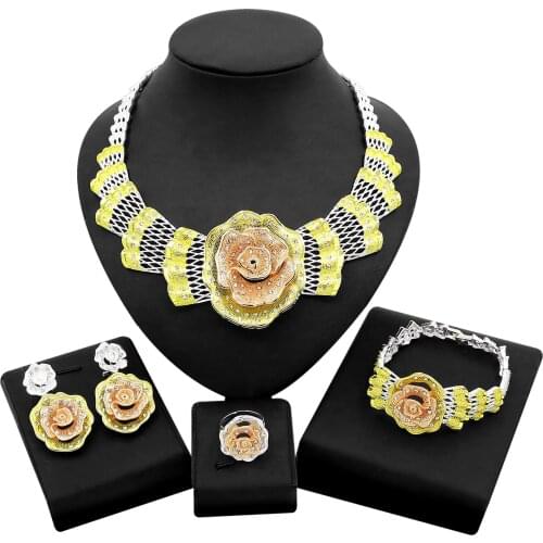 Yulaili Trendy Elegance Flowers Charm Necklace Earrings Bracelet Ring For Women Dubai Gold Jewelry Sets Accessories Wholesale