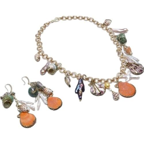 GuaiGuai Jewelry Natural Multi Sea Shell Pearl Chain Dangle Necklace Earrings Handmade Jewelry For Women