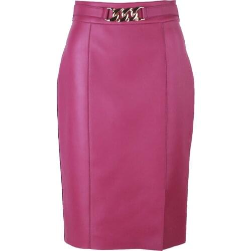 YOLOAgain Women Real Leather Skirt High Waist Knee Length Slim Skinny Pencil Skirt For Ladies