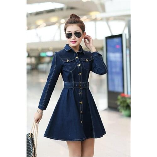 Womens Denim Dresses 2021 Summer New In Fashion Korean Style Retro Long Sleeves Solid Color Slim Female Denim Dresses