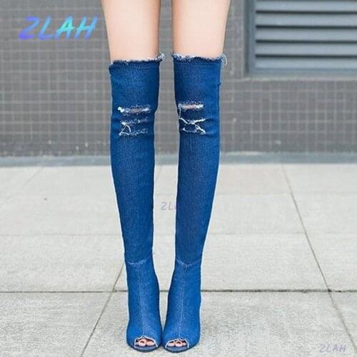 New Womens Shoes Gladiator Hole Denim Sandals on Knee High Heels Zlah Peep Toe Zipper Sexy Ladies Sandals Female High Heels