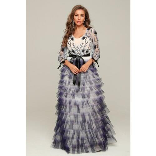 Top Quality Long Sleeve V-Neck Floral Cascaded Purple Maxi Long Dress Women Party Dress