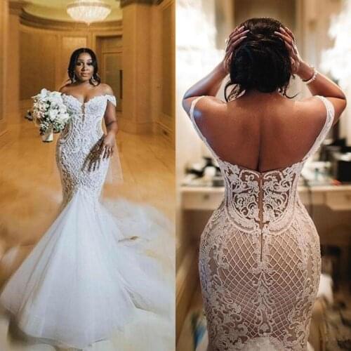 2020 Arabic Mermaid Wedding Dresses Plus Size Off The Shoulder Lace Appliqued Bridal Gowns Robe De Mariée