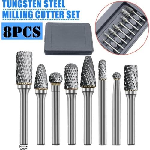 8Pcs Tungsten Carbide Rotary Burrs Set 6mm Shank Solid Cutter for Drill Grinder Polishing Rotary File Milling Cutter Burrs Kit
