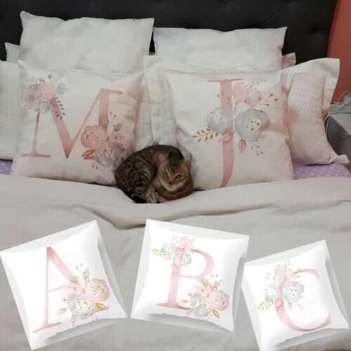 2 Sides Print Alphabet Cushion Cover 26 English Letter Pillow Case Pink Flower Combination Child Abbreviated Name For Kids Gifts