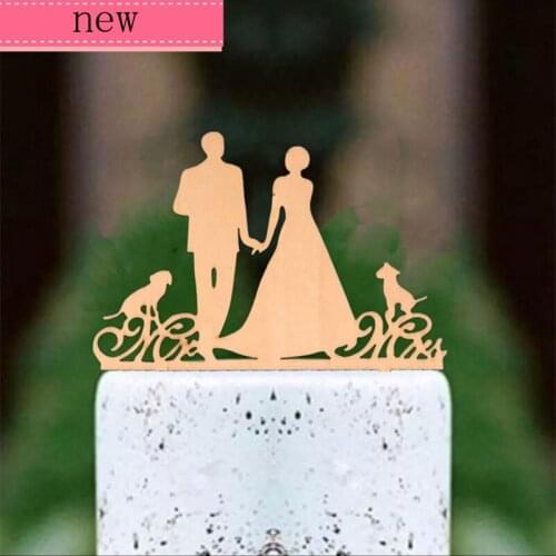 Bride and groom with 2 dogs wood family cake topper wedding cake toppers for cake decorating supplies