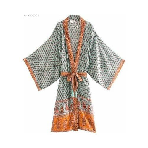 Women Floral Print Sashes Bohemian Happie Kimono Ladies V Neck Batwing Sleeves Boho Maxi Dress Robe