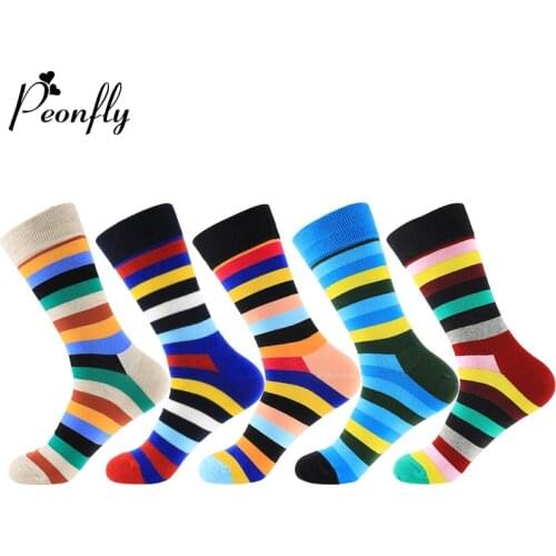 Peonfly Colorful Vintage Striped Printed Men Funny Casual Harajuku Hip Hop Happy Socks Combed Cotton Calcetines Hombre
