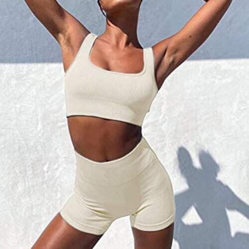 Summer Women Sports Shorts Sets Solid Seamless Ribbed Tank High Waist Shorts Yoga Outfits 2021 Sexy Yoga conjunto dos piezas
