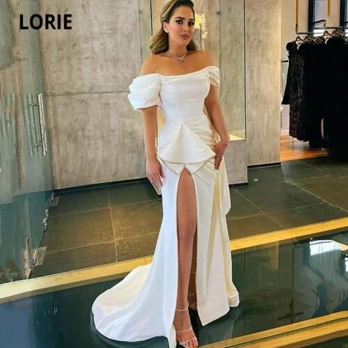 LORIE Sexy Evening Dresses Boat Neck Cap Sleeves Side Split Arabic Prom Gowns White Mother of the Bride Mermaid Party Dress 2021