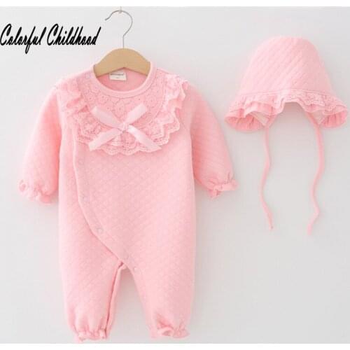 Lovely cozy Floral Cotton Baby Girl Rompers Infant Lace Bow-Knot Romper+Hat 2Pcs Sets Long Sleeve Toddler Jumpsuit