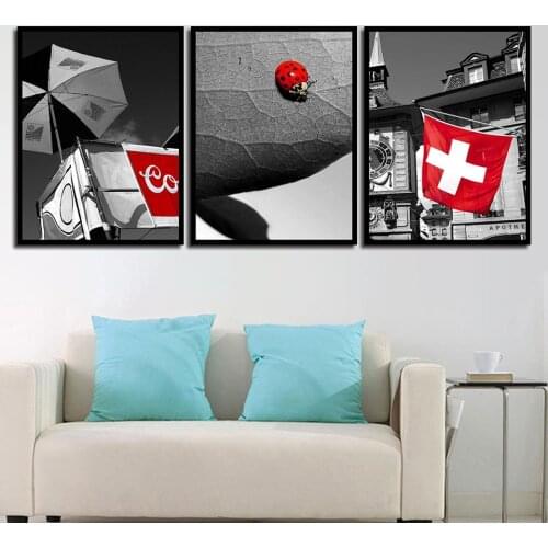 Minimalist Poster Gray House Red Flag Landscape Nordic Style Canvas Art Print Painting Ladybug Wall Pictures Bedroom Home Decor
