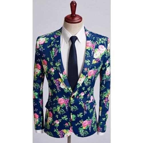 2018 New Tide Men Blazer Designs Dark Blue Pink Flower Pattern Slim Fit Casual Suit Jacket Stylish Wedding Groom Costume