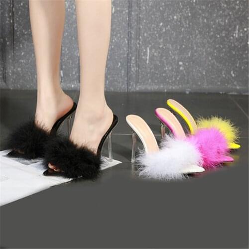 Summer new sexy feather woman sandals transparent perspex high heels fur stiletto peep toe mules lady slides shoes rose