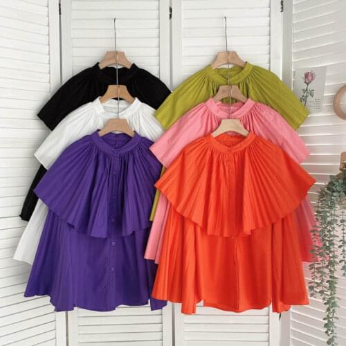 Solid Cloak Patched Crumpled Elegant Pleated Blouse Mujer Stand Collar Single Breasted Butterfly Women Long Sleeve Chiffon Tops