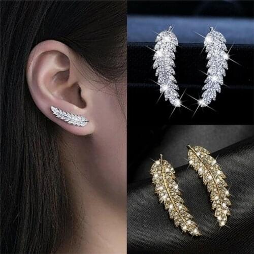 1 Pair Gorgeous Feather Ear Climbers Cuff Earrings Crystal Diamonden Leaves Cluster Wedding Earrings for Women