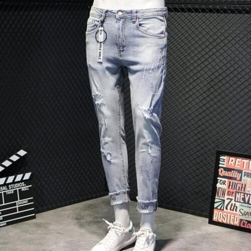 Light Blue Vintage Korean Skinny Hole Ripped Jeans Mens Fashion Tassel Ankle-Length Trousers Casual Street Denim Pencil Pants
