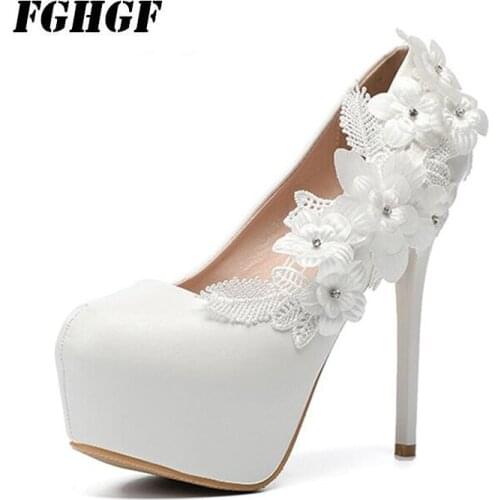High heel womens shoes new autumn wedding shoes white lace high heels bridesmaid shoes sexy Platform shoes Big size 34 to 43