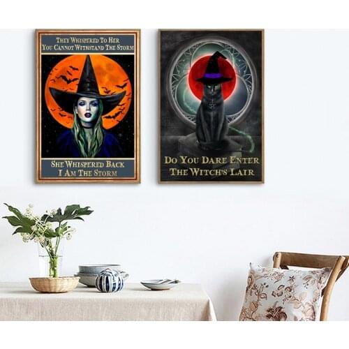 Witch Inspirational Quote Canvas Painting Black Cat Bats Moon The Witchs Lair Poster Witchcraft Wall Art Prints Witchy Decor