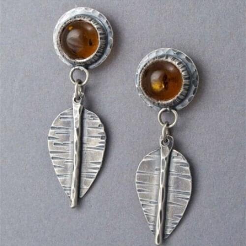 Vintage 925 Silver inlaid Agate Spin Leaf Shape Earrings Boutique Gifts Fashion Jewelry