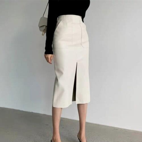 Slim Straight Faux Leather Skirts Women 2021 Fall New Package Hip Long PU Jupe Chic Split Designed Fashion Solid Mujer Faldas