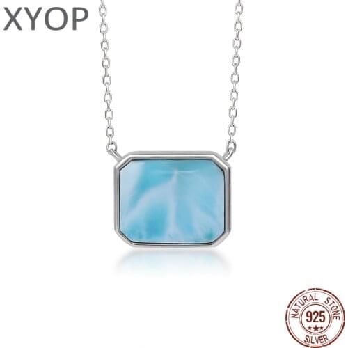 925 Sterling Silver Jewelry Gifts Classic Pendant Necklace Natural Precious Larimar Retro Woman Contracted Style Rectangle