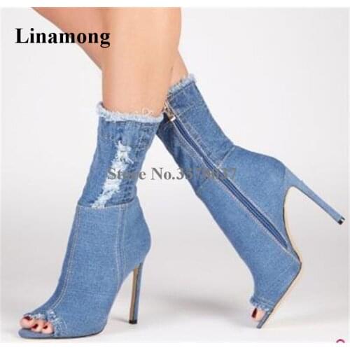 Hottest Women Peep Toe Blue Denim Stiletto Heel Gladiator Boots Cut-out Zipper-up Slim Bandage High Heel Ankle Booties
