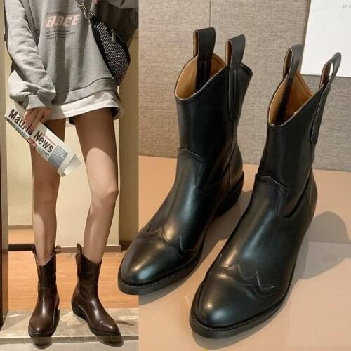 New Fashion Autum Women Knee High Boots Mid-Calf Heels Cowboy Boots Women Pointed Toe Shoes Female Winter Zipper Boots Plus Size