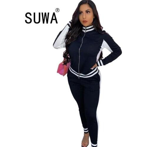 Fashion Striped Patchwork Fall Winter Women Clothing Set 2 Piece Outfits Long Sleeve Jacket Top Baggy Pants Lounge Wear