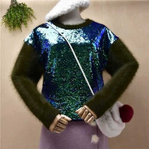 Female women fashion sequins hairy plush mink cashmere knitted round neck loose pullover angora rabbit hair jumper sweater pull