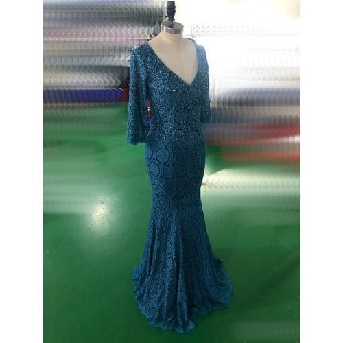 J61 Elegant V-Neck Blue Natural Mermaid/Trumpet Floor-Length Lace Long Evening Dresses/Women Formal Prom Gowns Free Shipping