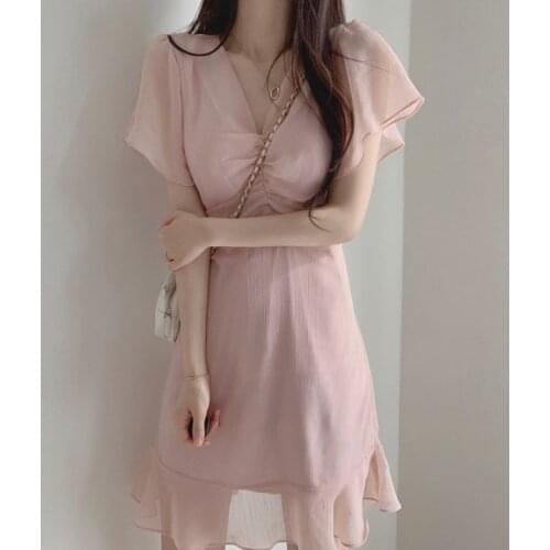 Korea Chic Sweet Gentle Slim High Waist V Neck Short Sleeve Pink Chiffon Dress Women Mini Mermaid Fashion Vestidos Mujer Ruffled