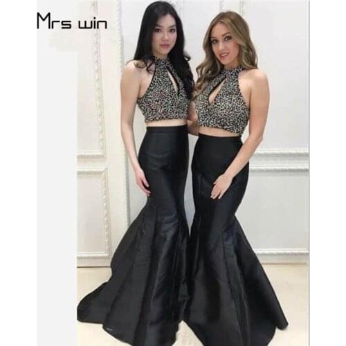 Mrs win Evening Dresses Mermaid Two Pieces Luxury Beads Top Dress Party Night HR253 Keyhole Neck Black Sleevless Formal Gowns