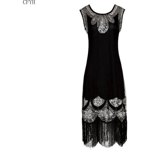 Women 1920s Vintage Beaded Fringe Sequin Flapper Dress Gatsby Tunic Top Shift Dress Midi Vestido