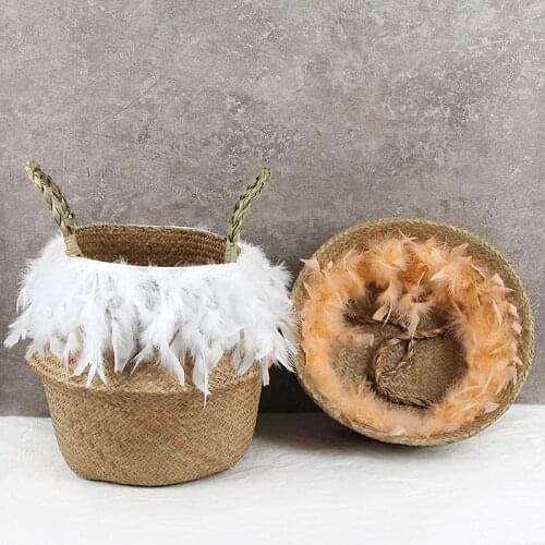 32*28cm Natural Seagrass Woven Storage Basket with Feather Pot Foldable Household Garden Flower Vase Hanging Wicker Baskets