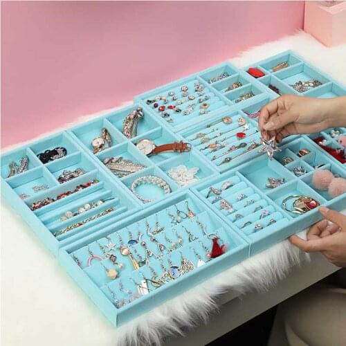 Velvet Jewelry Display Organizer Box Luxury Blue Fashion Casket for Jewelry Ring Tray Holder Earring Storage Gift for Women