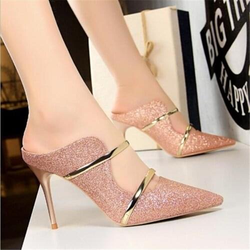 Bigtree Fashion Bling Crystal Rhinestone Pointed Toe Dress Pumps 2021 New Women Slip On Mules Slippers Ladies High Heels Shoes