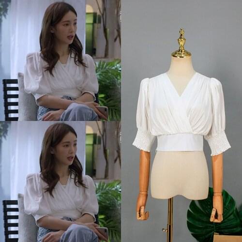 Blouses Women 2021 Elegant Summer Women Tops And Blouses Female Short Sleeve V-neck Puff Sleeve Womens blusa feminina