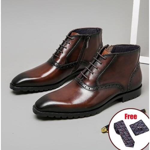 Men Winter chelsea Boots Genuine leather Mens Platform Brogue Casual Ankle Flat Shoes Lace Up dress Designer Brand boots