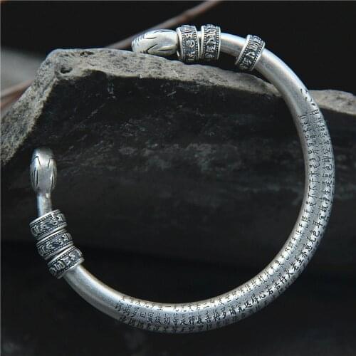 S999 Sterling Silver Retro Thai Silver Six Words Scripture Fashion Men And Women Open Ended Bangle