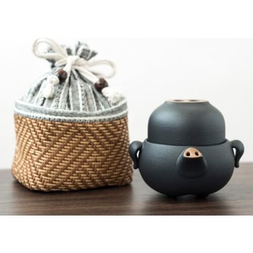 Black ceramic quick cup porcelain teapot pig gaiwan crockery teacup teasets portable travel tea set drinkware