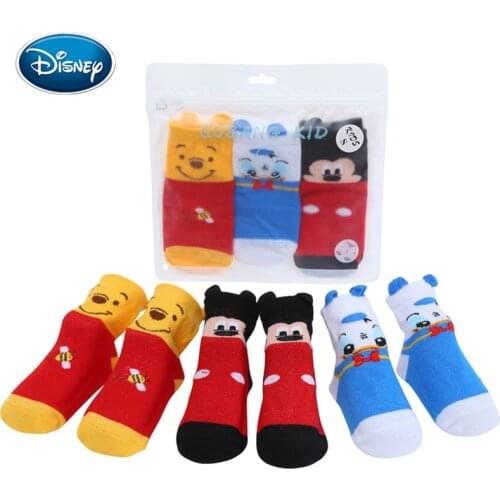 Disney 3 pairs of cartoon Mickey Bear Iron Man baby socks cotton non-slip thin section baby socks cute cartoon Kids floor socks