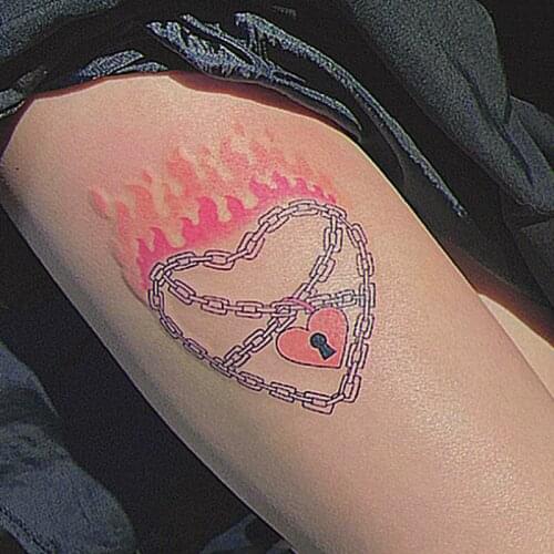 Y2K Aesthetic Pink Flame Chain Heart Lock Tattoo Stickers for Women Harajuku Kawaii Fashion Punk 90s Disposable Tattoo Stickers